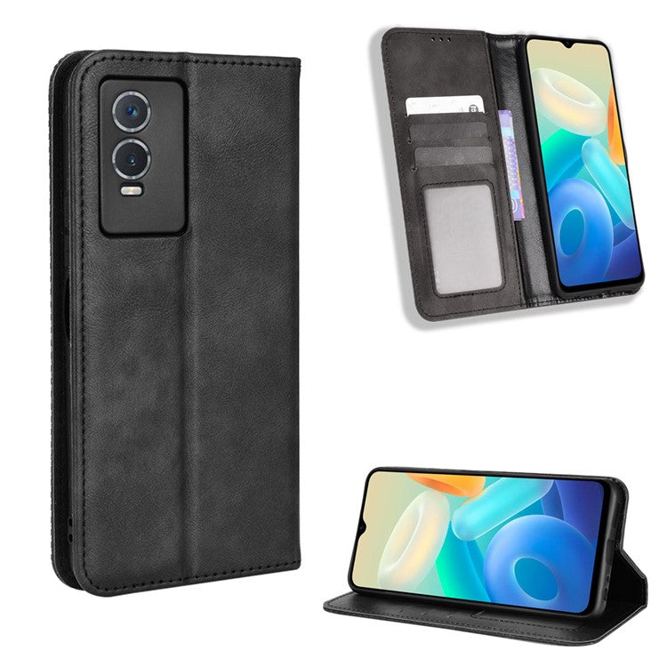 For vivo Y76s Vintage PU Leather Wallet Case Imprinted Mosaic Anti-fall Protection Magnetic Absorption Stand Flip Folio Phone Cover - Black