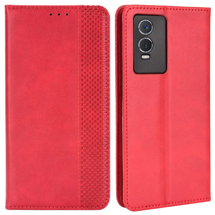 For vivo Y76s Vintage PU Leather Wallet Case Imprinted Mosaic Anti-fall Protection Magnetic Absorption Stand Flip Folio Phone Cover - Red