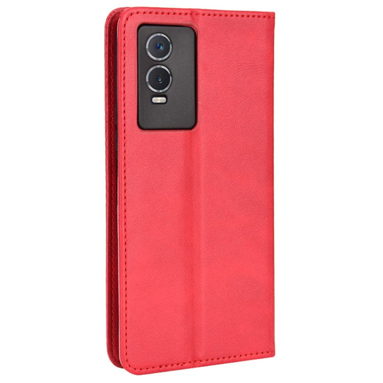 For vivo Y76s Vintage PU Leather Wallet Case Imprinted Mosaic Anti-fall Protection Magnetic Absorption Stand Flip Folio Phone Cover - Red