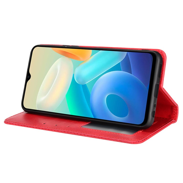 For vivo Y76s Vintage PU Leather Wallet Case Imprinted Mosaic Anti-fall Protection Magnetic Absorption Stand Flip Folio Phone Cover - Red