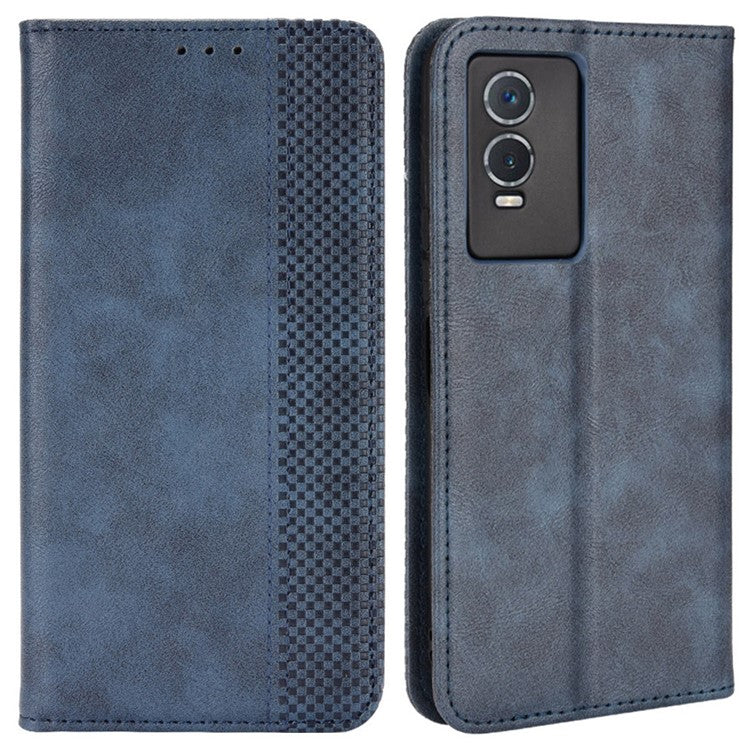 For vivo Y76s Vintage PU Leather Wallet Case Imprinted Mosaic Anti-fall Protection Magnetic Absorption Stand Flip Folio Phone Cover - Blue
