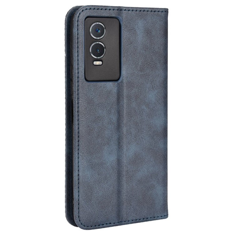 For vivo Y76s Vintage PU Leather Wallet Case Imprinted Mosaic Anti-fall Protection Magnetic Absorption Stand Flip Folio Phone Cover - Blue