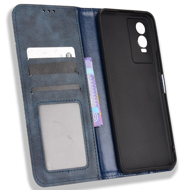 For vivo Y76s Vintage PU Leather Wallet Case Imprinted Mosaic Anti-fall Protection Magnetic Absorption Stand Flip Folio Phone Cover - Blue