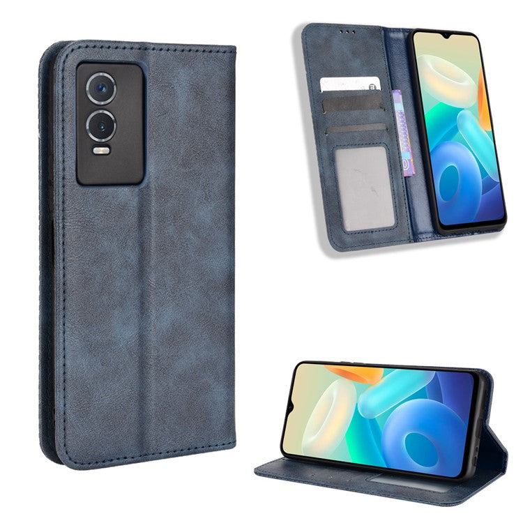 For vivo Y76s Vintage PU Leather Wallet Case Imprinted Mosaic Anti-fall Protection Magnetic Absorption Stand Flip Folio Phone Cover - Blue