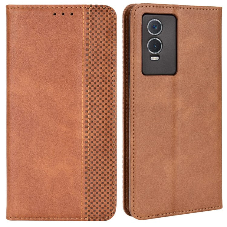 For vivo Y76s Vintage PU Leather Wallet Case Imprinted Mosaic Anti-fall Protection Magnetic Absorption Stand Flip Folio Phone Cover - Brown