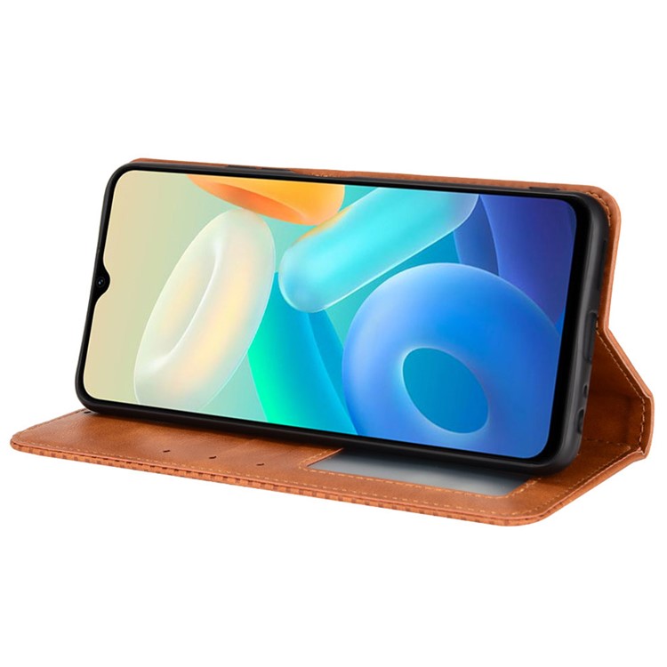 For vivo Y76s Vintage PU Leather Wallet Case Imprinted Mosaic Anti-fall Protection Magnetic Absorption Stand Flip Folio Phone Cover - Brown