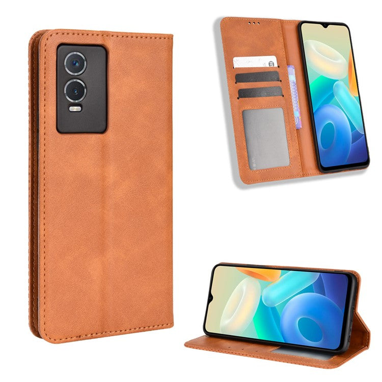 For vivo Y76s Vintage PU Leather Wallet Case Imprinted Mosaic Anti-fall Protection Magnetic Absorption Stand Flip Folio Phone Cover - Brown