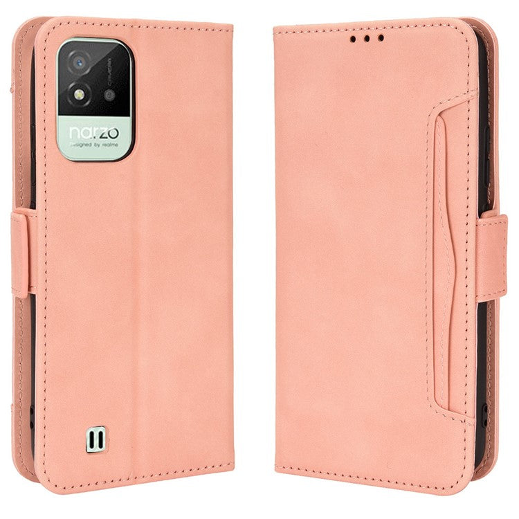 For Realme Narzo 50i Anti-drop Multi-card Slots Case All-inclusive Protection Premium PU Leather Stand Phone Shell with Wallet - Pink