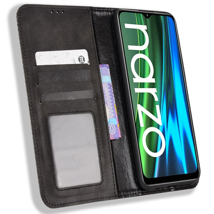 For Realme Narzo 50i Vintage PU Leather + Soft TPU Imprinted Mosaic Shell Case Wallet Magnetic Absorption Stand Folio Shockproof Protective Cover - Black