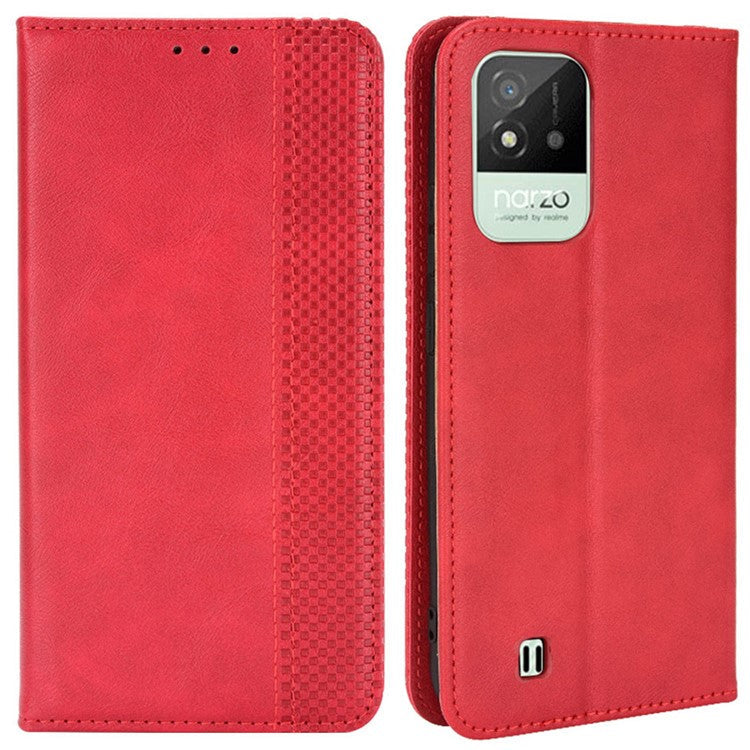For Realme Narzo 50i Vintage PU Leather + Soft TPU Imprinted Mosaic Shell Case Wallet Magnetic Absorption Stand Folio Shockproof Protective Cover - Red