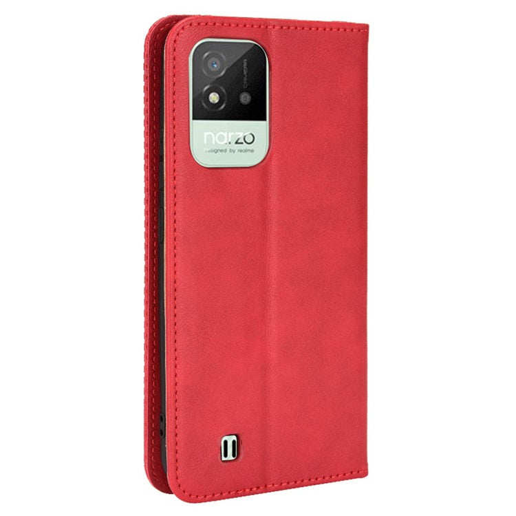 For Realme Narzo 50i Vintage PU Leather + Soft TPU Imprinted Mosaic Shell Case Wallet Magnetic Absorption Stand Folio Shockproof Protective Cover - Red