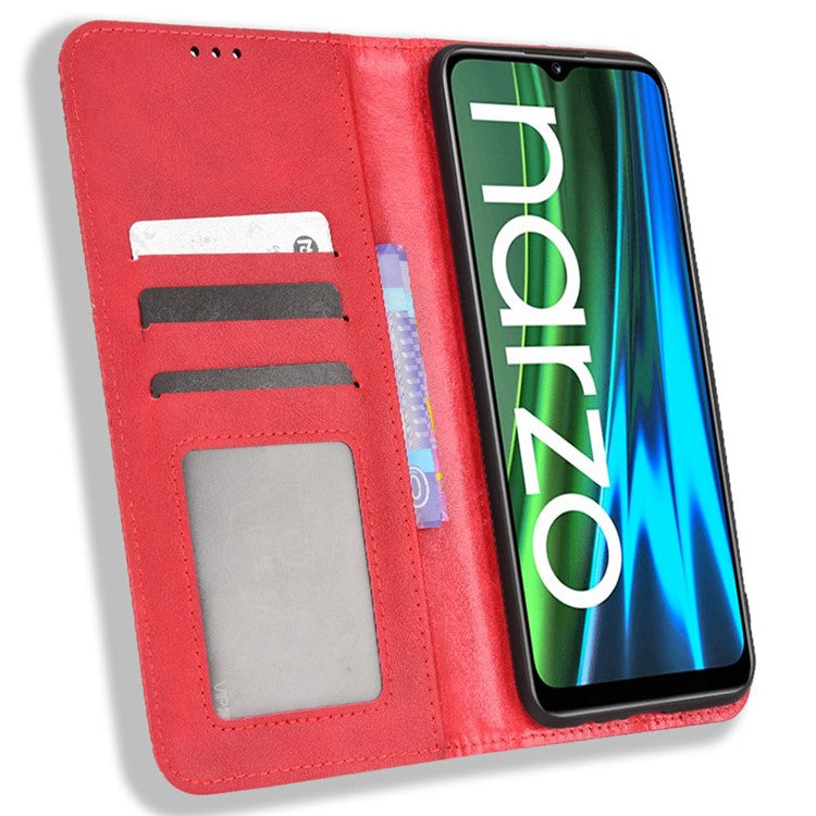 For Realme Narzo 50i Vintage PU Leather + Soft TPU Imprinted Mosaic Shell Case Wallet Magnetic Absorption Stand Folio Shockproof Protective Cover - Red
