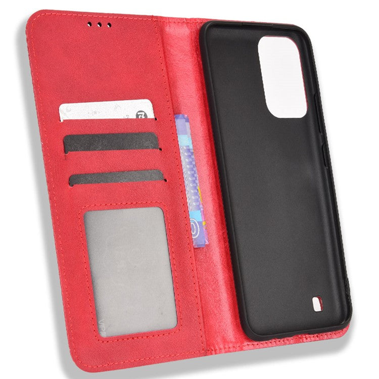 For Realme Narzo 50i Vintage PU Leather + Soft TPU Imprinted Mosaic Shell Case Wallet Magnetic Absorption Stand Folio Shockproof Protective Cover - Red