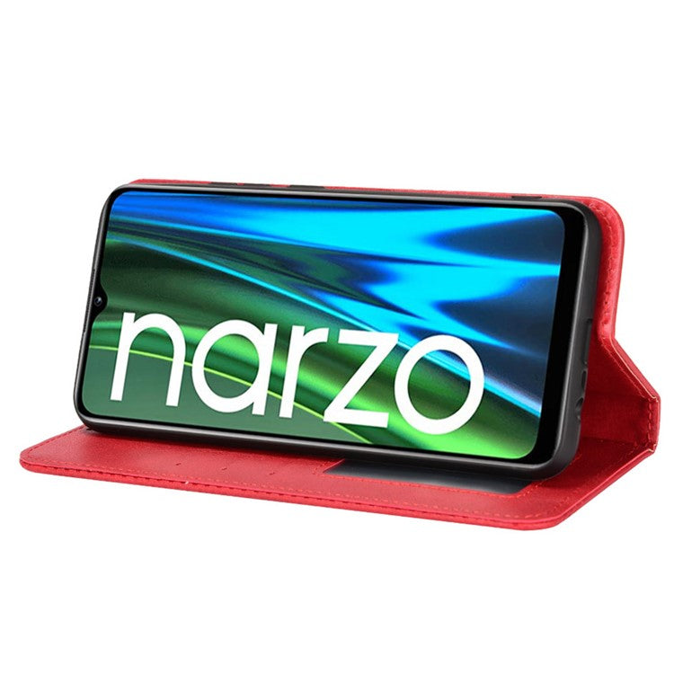 For Realme Narzo 50i Vintage PU Leather + Soft TPU Imprinted Mosaic Shell Case Wallet Magnetic Absorption Stand Folio Shockproof Protective Cover - Red