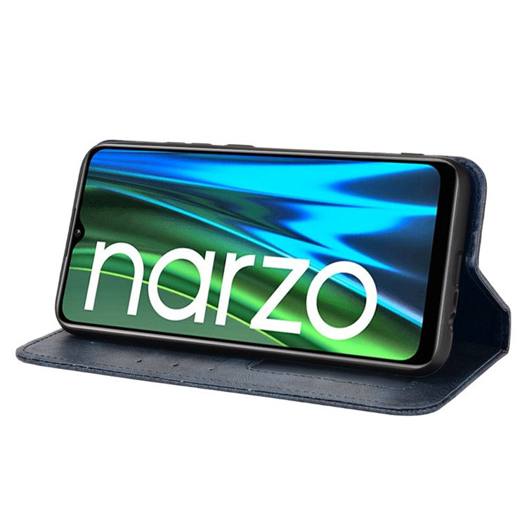 For Realme Narzo 50i Vintage PU Leather + Soft TPU Imprinted Mosaic Shell Case Wallet Magnetic Absorption Stand Folio Shockproof Protective Cover - Blue