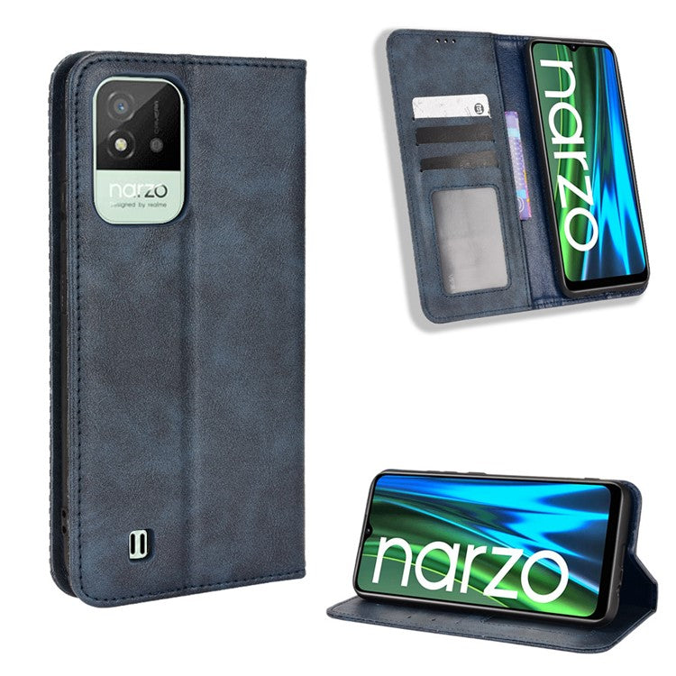 For Realme Narzo 50i Vintage PU Leather + Soft TPU Imprinted Mosaic Shell Case Wallet Magnetic Absorption Stand Folio Shockproof Protective Cover - Blue