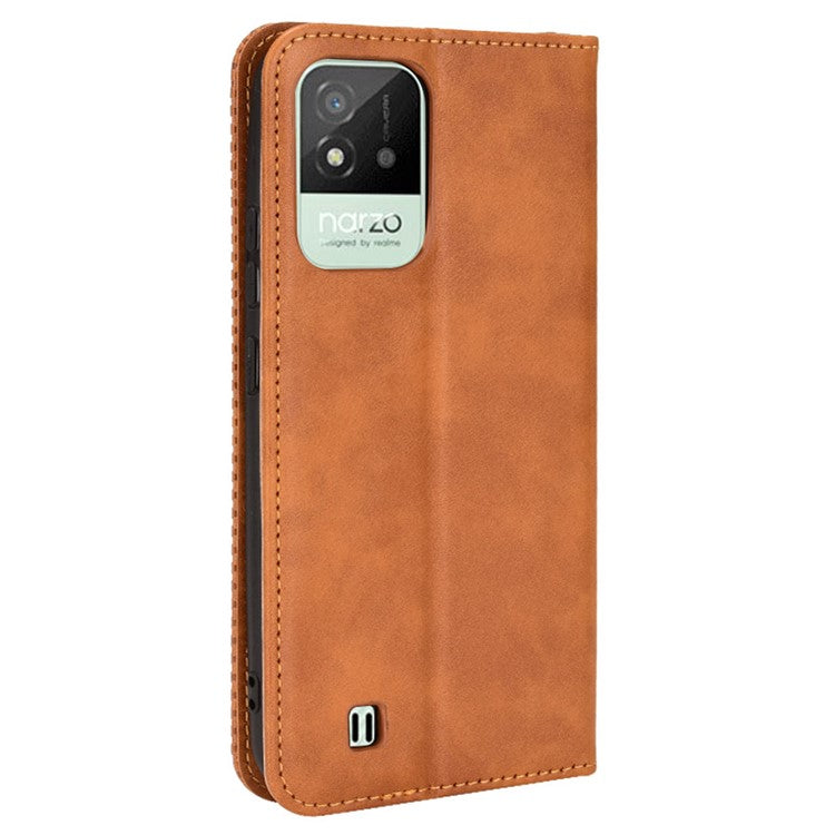 For Realme Narzo 50i Vintage PU Leather + Soft TPU Imprinted Mosaic Shell Case Wallet Magnetic Absorption Stand Folio Shockproof Protective Cover - Brown