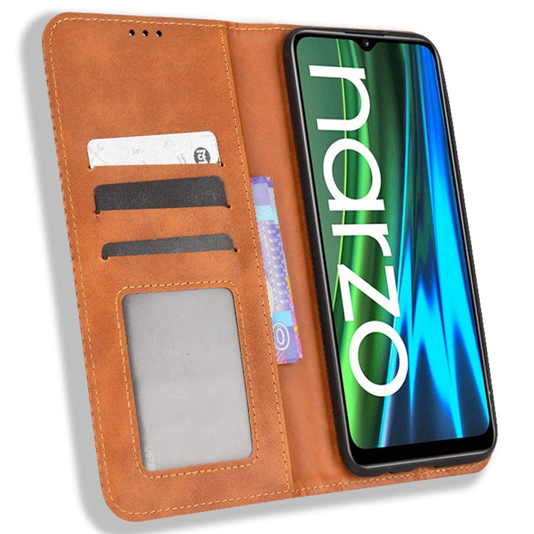 For Realme Narzo 50i Vintage PU Leather + Soft TPU Imprinted Mosaic Shell Case Wallet Magnetic Absorption Stand Folio Shockproof Protective Cover - Brown