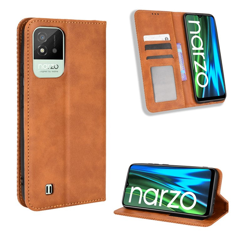 For Realme Narzo 50i Vintage PU Leather + Soft TPU Imprinted Mosaic Shell Case Wallet Magnetic Absorption Stand Folio Shockproof Protective Cover - Brown