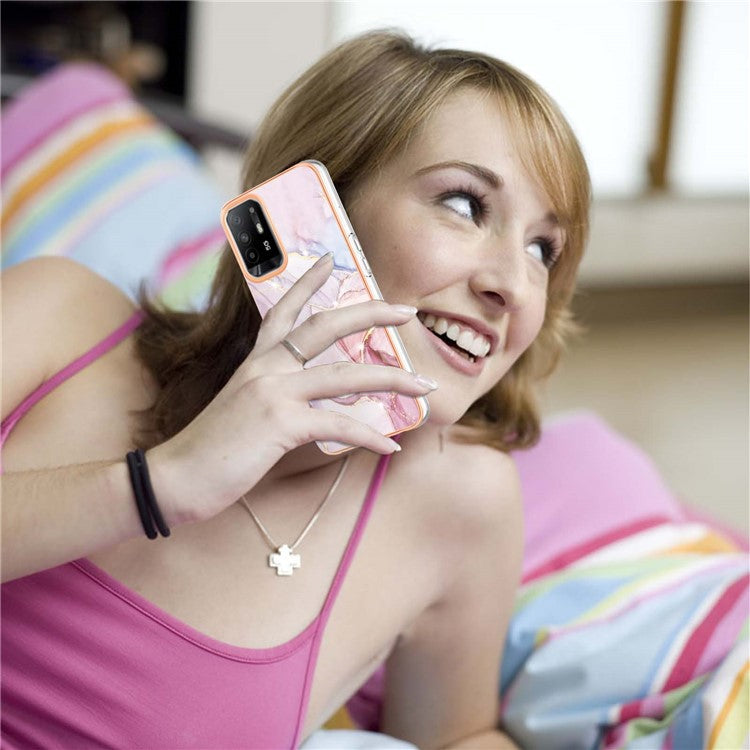 LB3 Series Marble Shockproof Protective Case for Oppo A94 5G / A95 5G, Electroplating IMD Slim Flexible TPU Phone Cover - Rose Gold 005