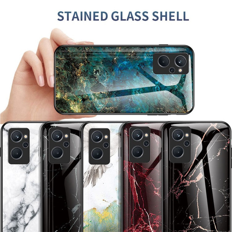 For Realme 9i Tempered Glass + PC Back Cover TPU Bumper Marble Pattern Stylish Cell Phone Case - White Marble