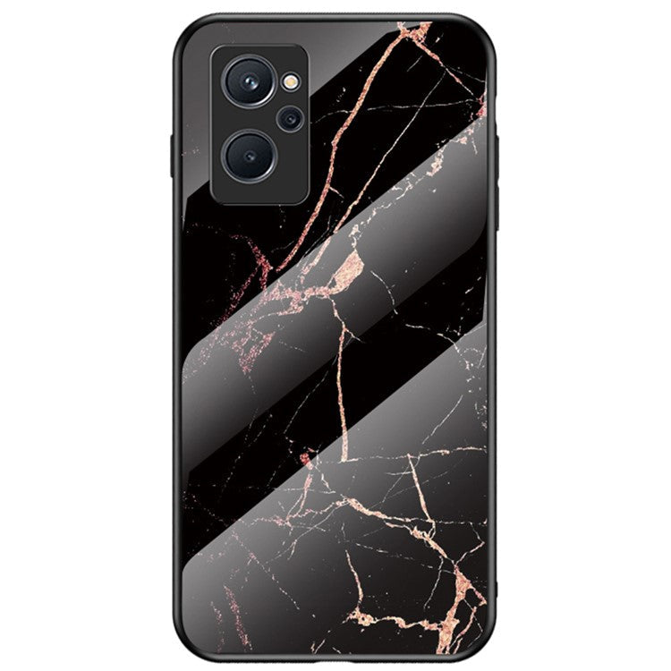 For Realme 9i Tempered Glass + PC Back Cover TPU Bumper Marble Pattern Stylish Cell Phone Case - Gold Black Marble