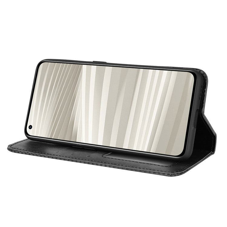 For Realme GT2 Pro Imprinted Mosaic Pattern PU Leather Case Stand Function Wallet Magnetic Absorption Shockproof Protective Phone Cover - Black