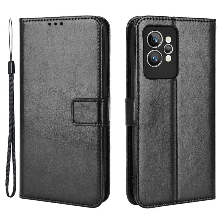 For Realme GT2 Pro Crazy Horse Texture Wallet Leather Cover Phone Stand Case with Wrist Strap - Black