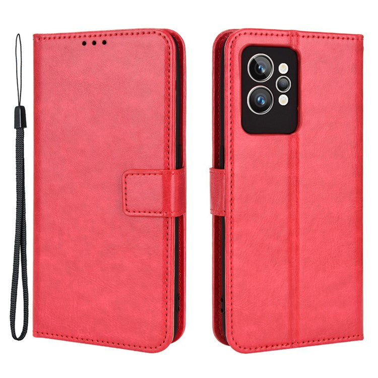 For Realme GT2 Pro Crazy Horse Texture Wallet Leather Cover Phone Stand Case with Wrist Strap - Red