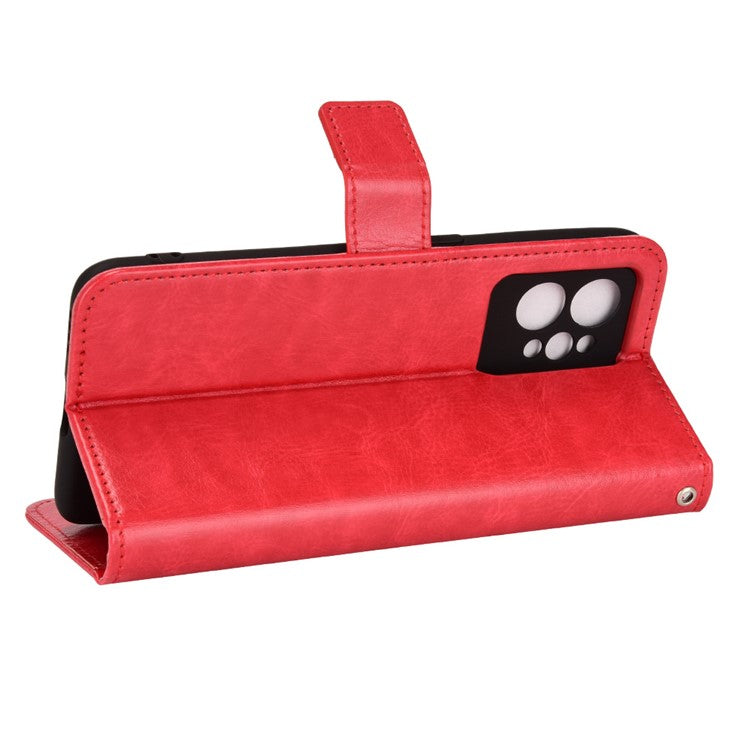 For Realme GT2 Pro Crazy Horse Texture Wallet Leather Cover Phone Stand Case with Wrist Strap - Red