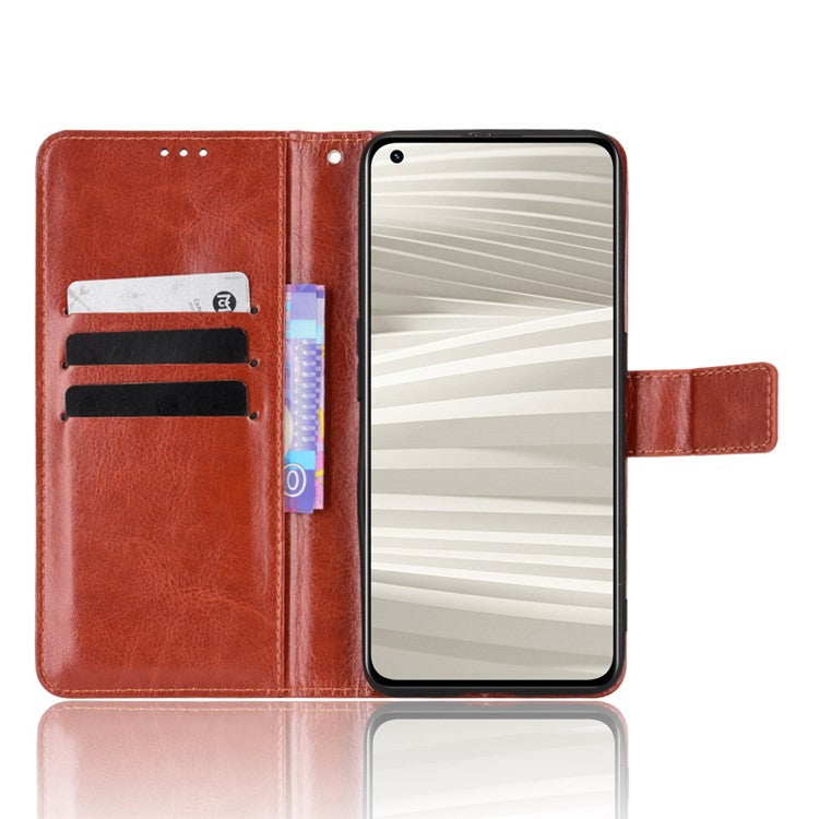 For Realme GT2 Pro Crazy Horse Texture Wallet Leather Cover Phone Stand Case with Wrist Strap - Brown