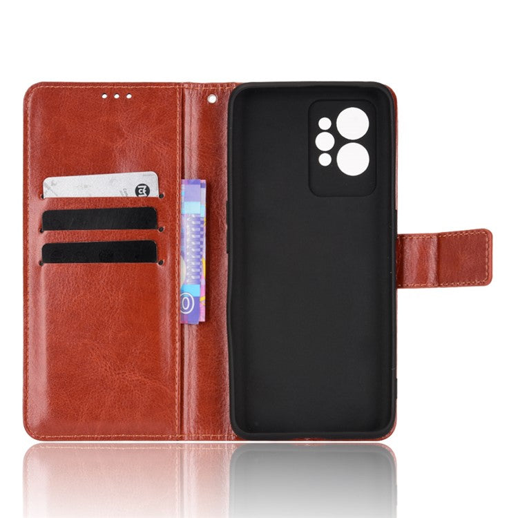 For Realme GT2 Pro Crazy Horse Texture Wallet Leather Cover Phone Stand Case with Wrist Strap - Brown