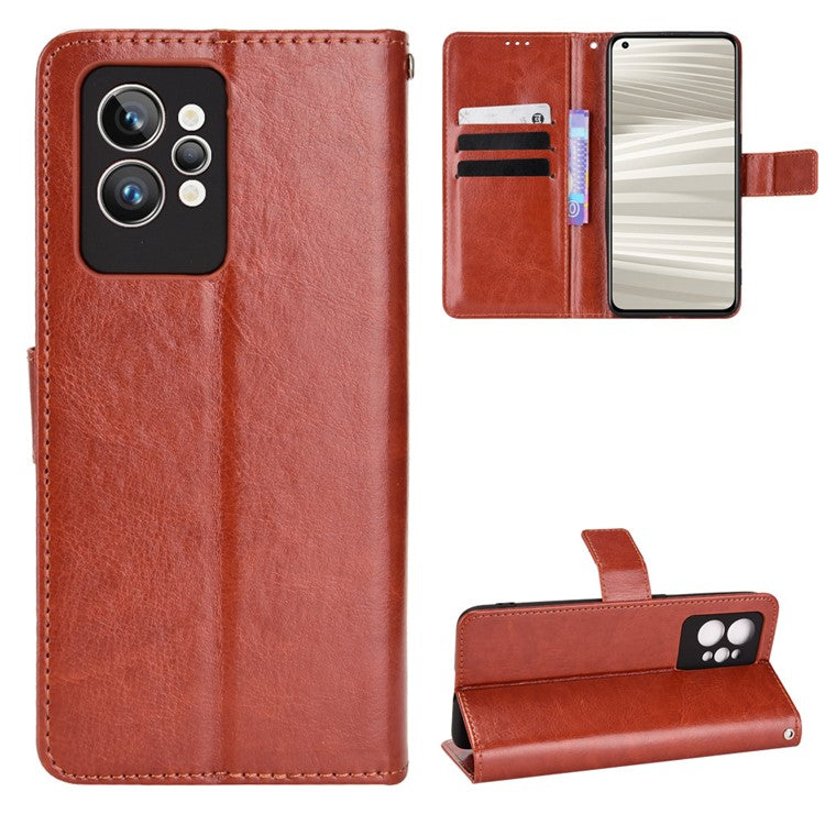 For Realme GT2 Pro Crazy Horse Texture Wallet Leather Cover Phone Stand Case with Wrist Strap - Brown