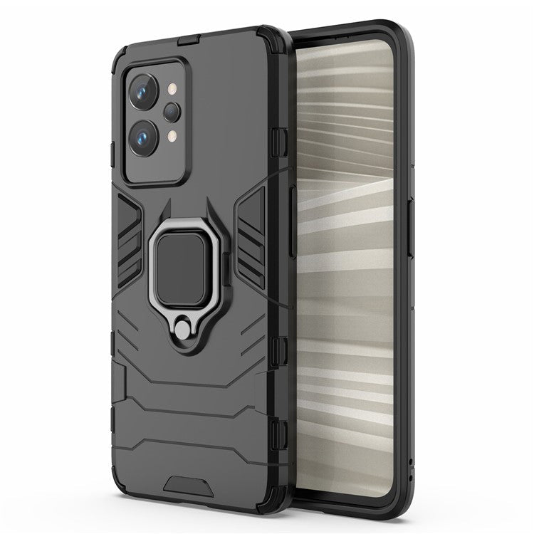 Soft TPU + Hard PC Case for Realme GT2 Pro, Ring Holder Kickstand Phone Protective Cover - Black