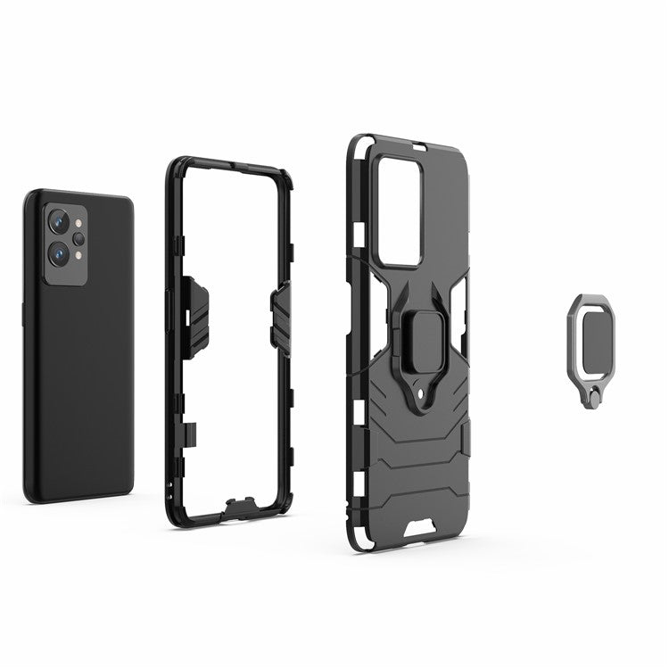 Soft TPU + Hard PC Case for Realme GT2 Pro, Ring Holder Kickstand Phone Protective Cover - Black