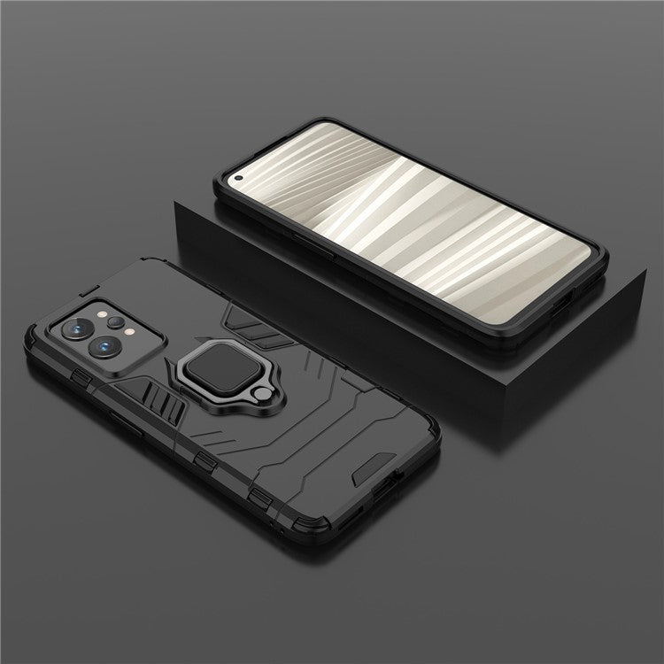 Soft TPU + Hard PC Case for Realme GT2 Pro, Ring Holder Kickstand Phone Protective Cover - Black