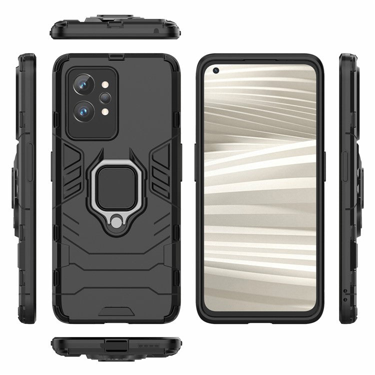 Soft TPU + Hard PC Case for Realme GT2 Pro, Ring Holder Kickstand Phone Protective Cover - Black