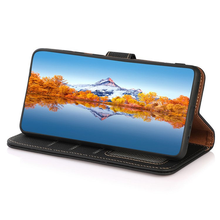 KHAZNEH Genuine Leather Phone Case for Oppo Reno7 SE 5G, RFID Blocking Wallet Stand Magnetic Clasp Cover - Black
