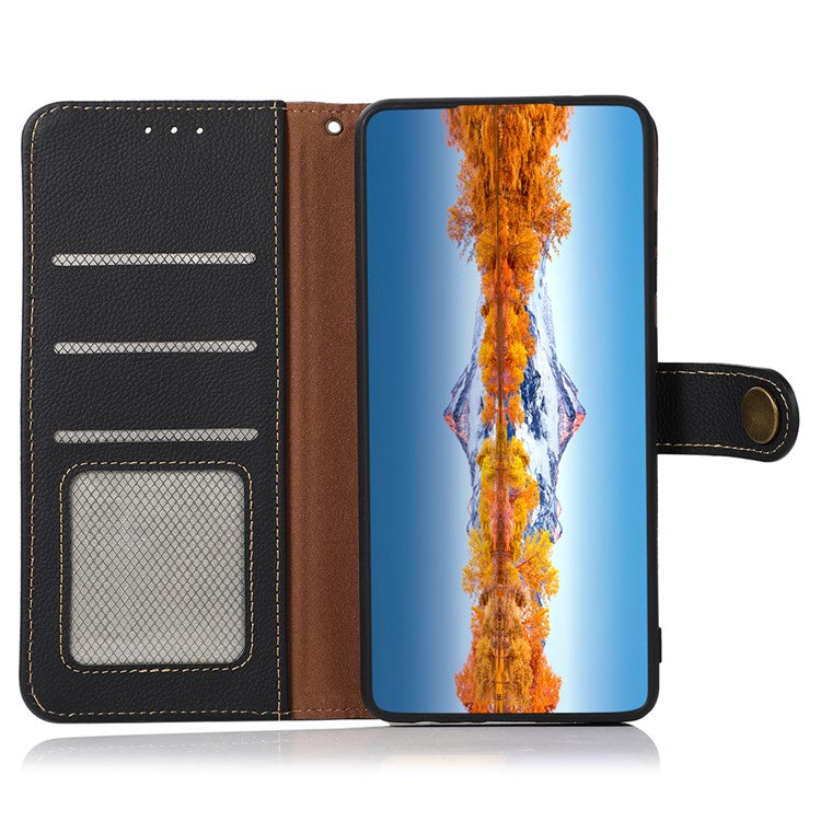 KHAZNEH Genuine Leather Phone Case for Oppo Reno7 SE 5G, RFID Blocking Wallet Stand Magnetic Clasp Cover - Black