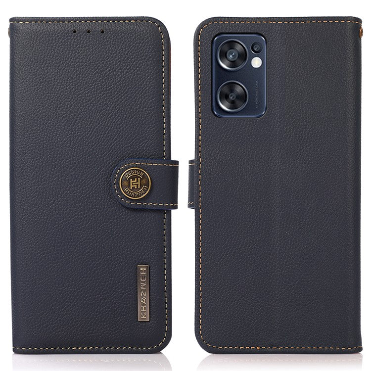 KHAZNEH Genuine Leather Phone Case for Oppo Reno7 SE 5G, RFID Blocking Wallet Stand Magnetic Clasp Cover - Blue