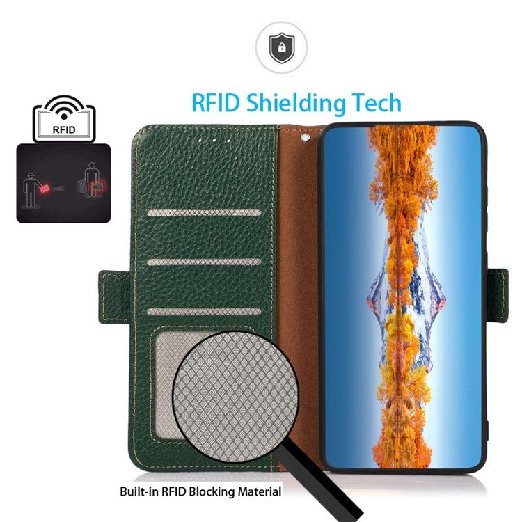 KHAZNEH Top Layer Genuine Leather RFID Blocking Case for Oppo Reno7 SE 5G, Stand Wallet Litchi Texture Phone Cover - Green