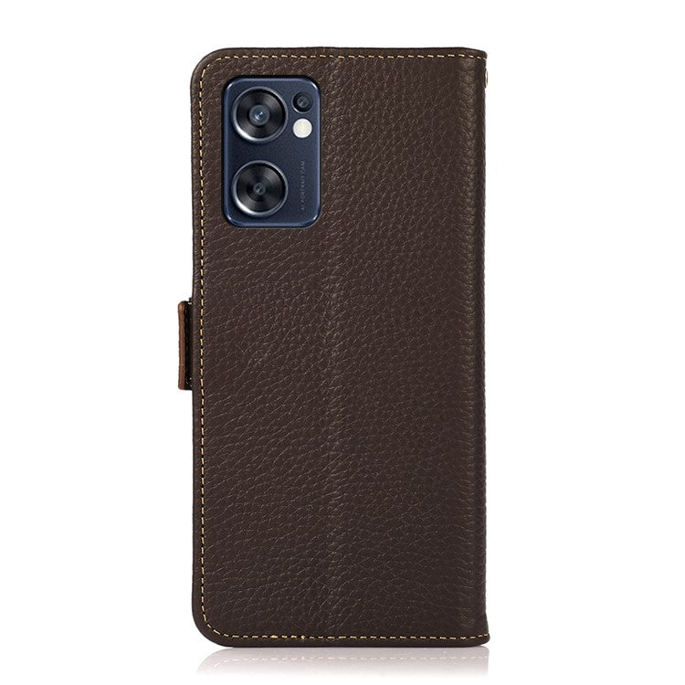 KHAZNEH Top Layer Genuine Leather RFID Blocking Case for Oppo Reno7 SE 5G, Stand Wallet Litchi Texture Phone Cover - Brown