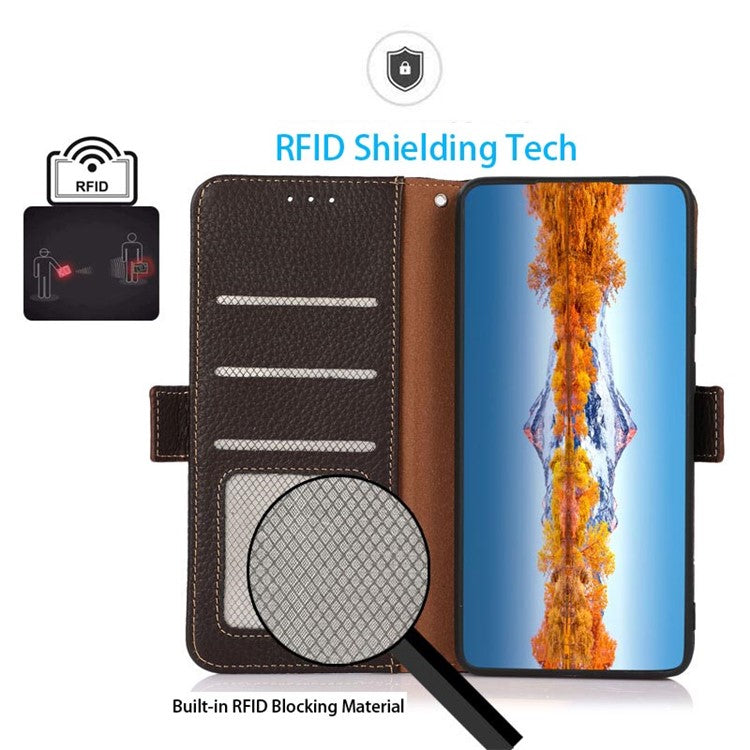 KHAZNEH Top Layer Genuine Leather RFID Blocking Case for Oppo Reno7 SE 5G, Stand Wallet Litchi Texture Phone Cover - Brown