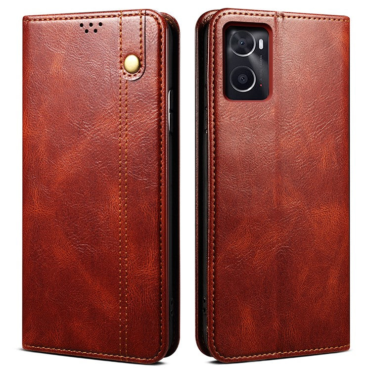 For Realme 9i 4G / Oppo A76 / A36 PU Leather Wallet Case Waxy Crazy Horse Texture Stand Phone Cover - Brown