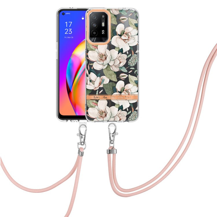 YB IMD-9 Series Electroplating IMD Case for Oppo A94 5G, Flower Pattern Soft TPU Scratch-Resistant Back Cover with Lanyard - HC001 Green Gardenia