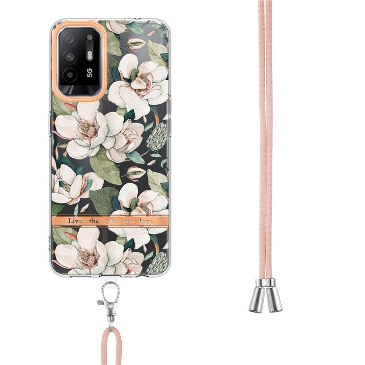 YB IMD-9 Series Electroplating IMD Case for Oppo A94 5G, Flower Pattern Soft TPU Scratch-Resistant Back Cover with Lanyard - HC001 Green Gardenia