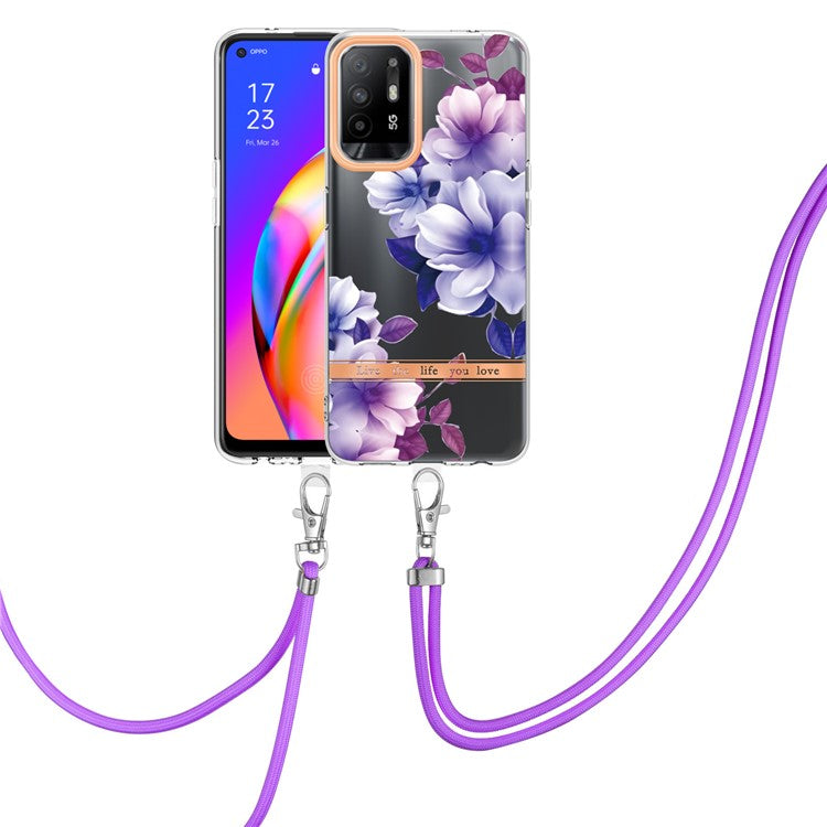 YB IMD-9 Series Electroplating IMD Case for Oppo A94 5G, Flower Pattern Soft TPU Scratch-Resistant Back Cover with Lanyard - HC004 Purple Begonia