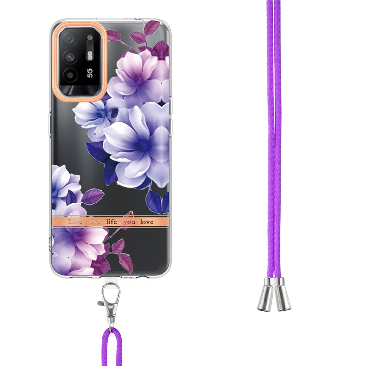 YB IMD-9 Series Electroplating IMD Case for Oppo A94 5G, Flower Pattern Soft TPU Scratch-Resistant Back Cover with Lanyard - HC004 Purple Begonia
