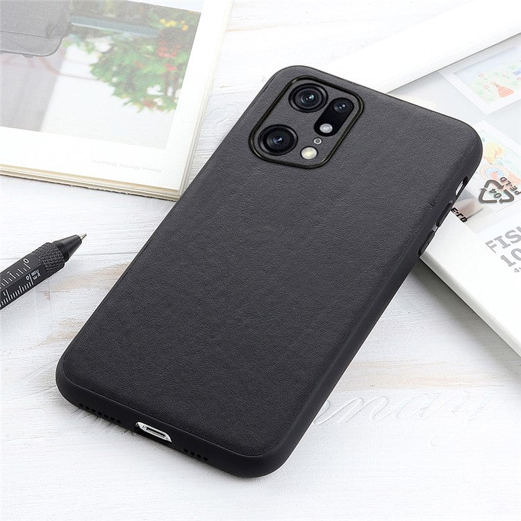Textured Genuine Leather Coating Case for Oppo Find X5 Pro, PC + TPU Hybrid Phone Cover - Black