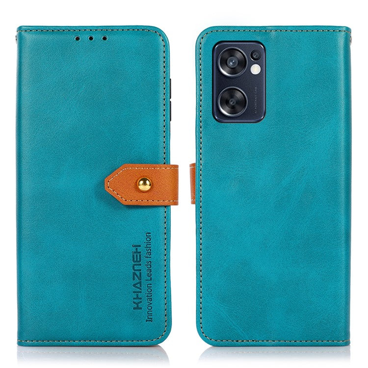 KHAZNEH for Oppo Reno7 SE 5G Scratch-resistant Adjustable Stand Golden Magnetic Clasp PU Leather Phone Cover with Wallet - Blue